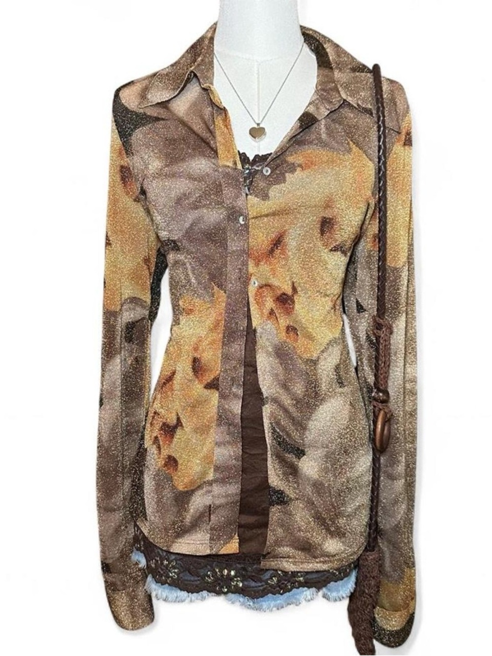 Cache 90s Vintage Brown and Gold Button Up Western Festival Fairycore